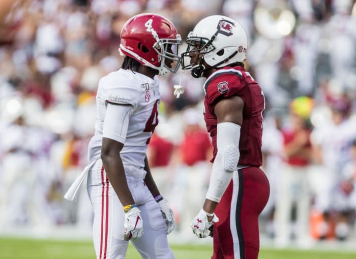Sep 14, 2019; Columbia, SC, USA; Alabama receiver Jerry Jeudy (4) and South Carolina defensive back Jaycee Horn (1). Mandatory Credit: Jeff Blake-USA TODAY